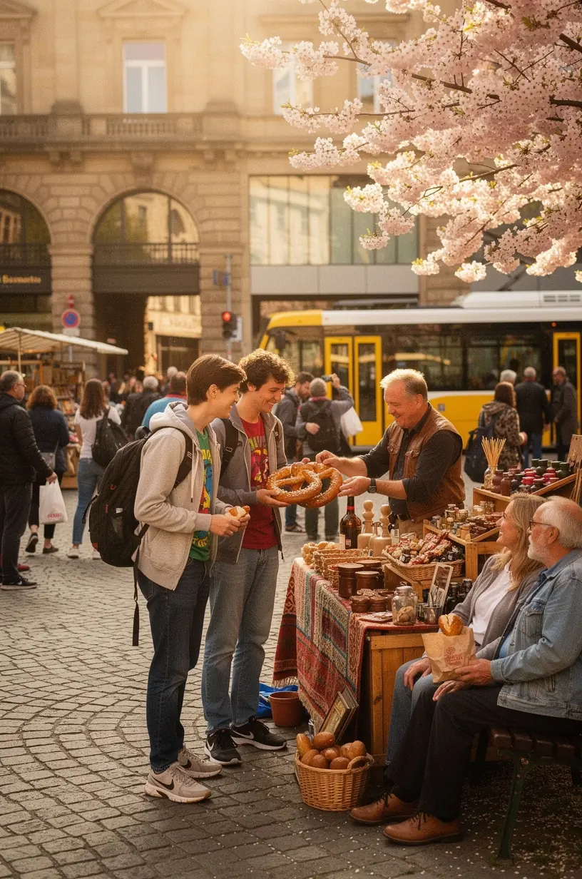 Jugendliche planen mit Smartphone und Stadtplan eine preiswerte Sightseeing-Tour in einer deutschen Großstadt.